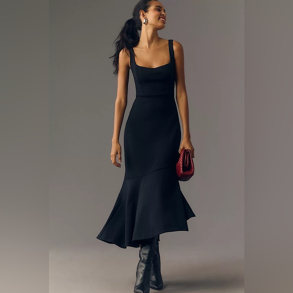 〰️Anthropologie The Ariana Square-Neck Asymmetrical Ruffle-Hem Dress in Black